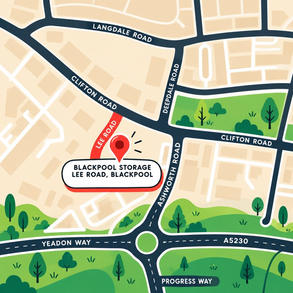Illustrated map showing Blackpool Storage on Lee Road, off Clifton Road near Ashworth Road and the A5230, Blackpool FY4 4QS